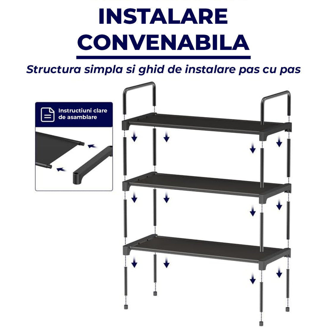 Organizator pentru Pantofi Elindor® Pantofar cu 3 Nivele Mari, Fara Gauri, Suport Metalic pentru Papuci, Dulap Hol, Dormitor, Economisire Spatiu, Depozitare Incaltaminte, 70 × 30 × 57 cm, Negru