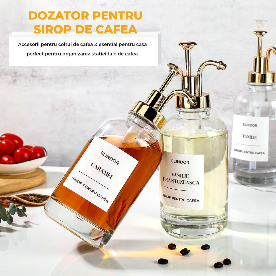 Set 4 Dispensere Sirop Cafea Elindor® din Sticla cu Pompa Aurie Inox si Plastic, Organizator Bucatarie, Organizatoare Sertar, Recipient 500 ml, 22 × 8.1 cm, Transparent