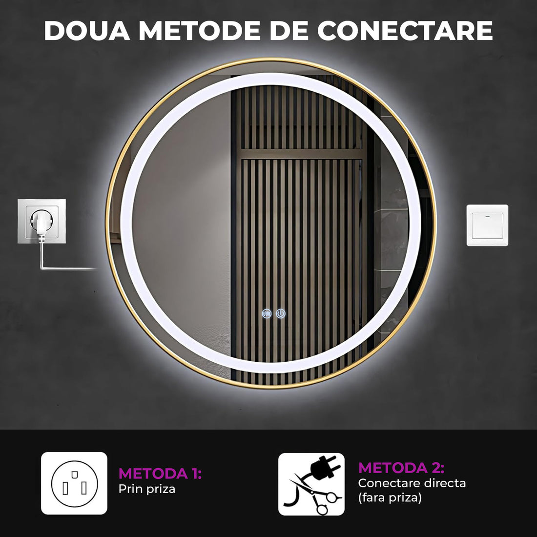 Oglinda de Perete Elindor® Rotunda, Antiaburire, cu Rama Aurie, Ideala pentru Baie, Iluminare Led, 3 Culori Lumina, Dimabila, Buton ON/OFF Luminat si Noaptea, Rezistenta la Umiditate IP44, 60 x 60 cm