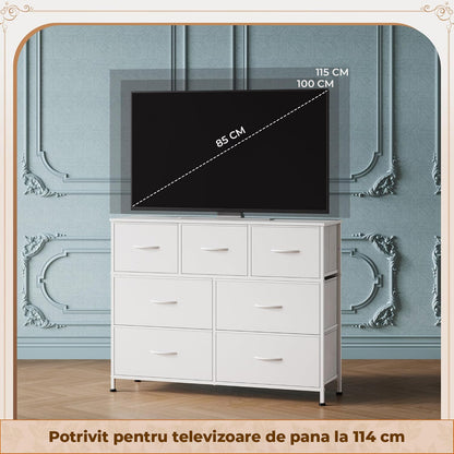 Comoda Elindor® cu 7 Sertare, Cadru Metalic, Blat Lemn, Sertare Textil, pentru Dormitor, Living, Depozitare Haine, Jucarii, Accesorii, 100 × 30 × 77 cm, Alb