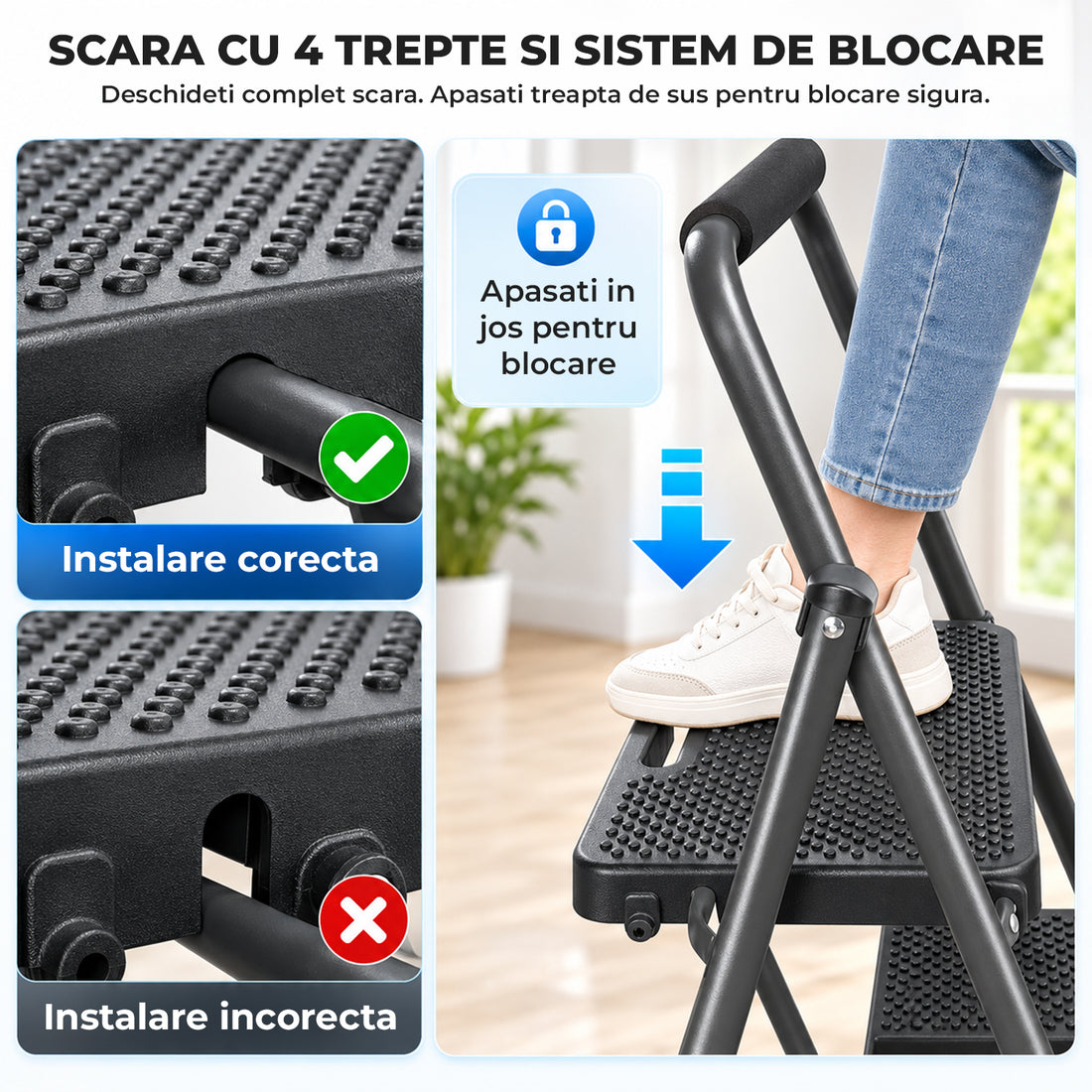 Scara Pliabila Metalica Elindor® cu 4 Trepte, Portabila, cu Pedale Late Antiderapante, Maner de Sprijin, Sistem de Blocare, Picioare Antialunecare, pentru Interior, Uz Casnic, Capacitate 150 kg, 80 x 54.5 x 122 cm, Negru