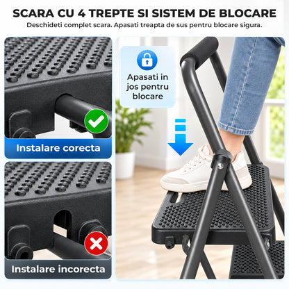 Scara Pliabila Metalica Elindor® cu 4 Trepte, Portabila, cu Pedale Late Antiderapante, Maner de Sprijin, Sistem de Blocare, Picioare Antialunecare, pentru Interior, Uz Casnic, Capacitate 150 kg, 80 x 54.5 x 122 cm, Negru