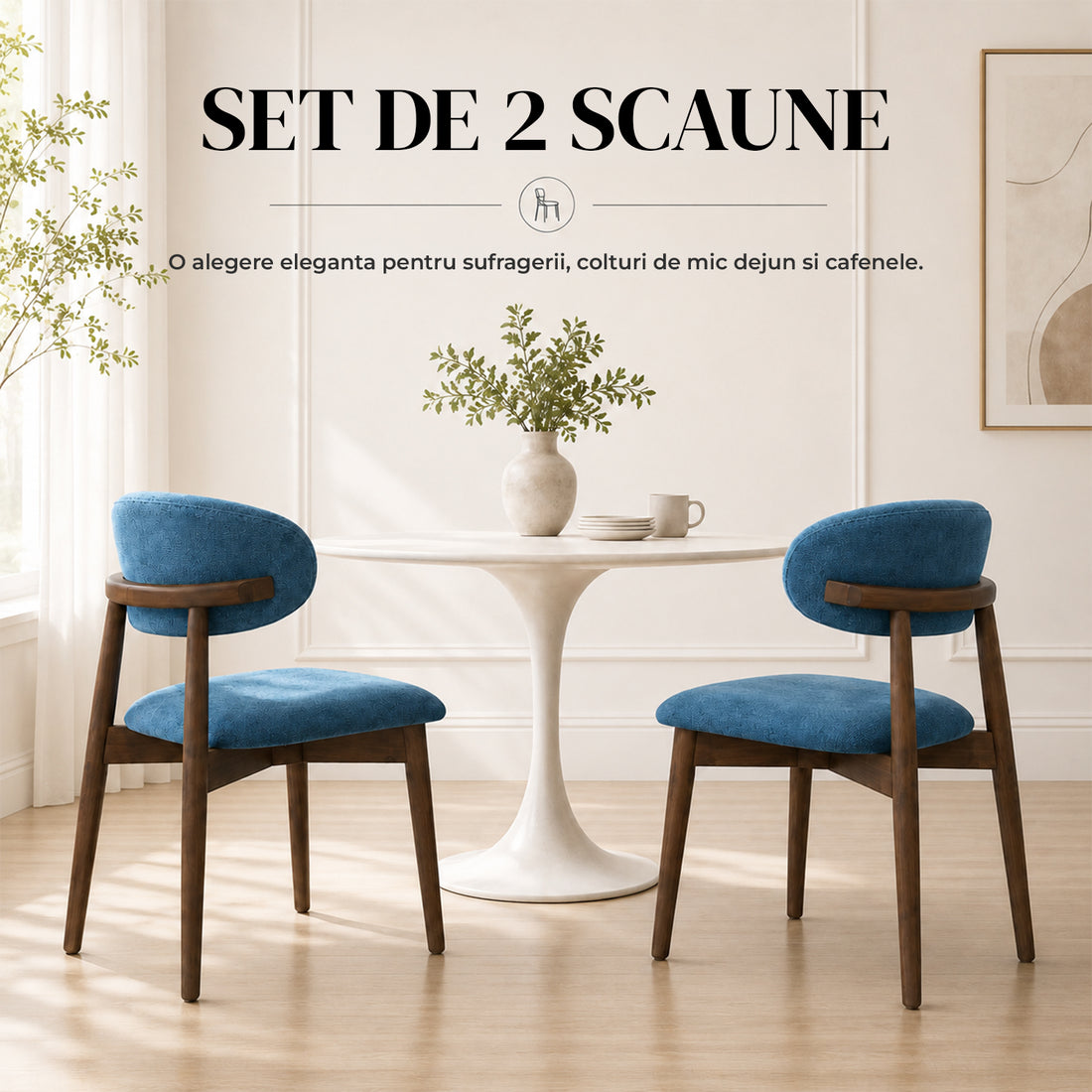 Set 2 Scaune Elindor® Ergonomice, Design Contemporan, Scaun cu Spatar si fara Manere, din Bumbac si In cu Picioare Maro Inchis, Potrivite pentru Living, Bucatarie, Birou, Dormitor, Albastru Inchis