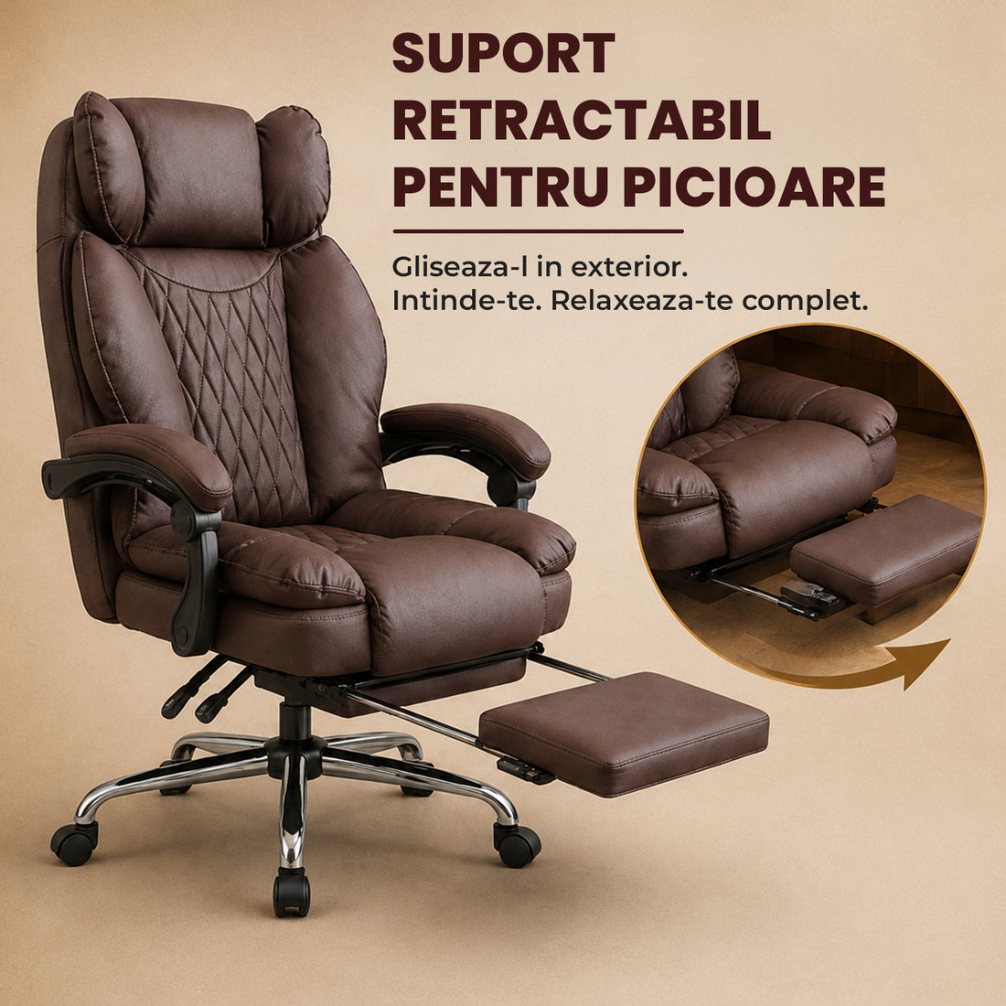 Scaun de Birou Elindor® Ergonomic, Design Contemporan, Scaun cu Spatar si Manere, din Piele PU cu Suport pentru Picioare si Lombar, cu Roti, Inaltime Reglabila 119 - 126.5 cm, Maro Inchis