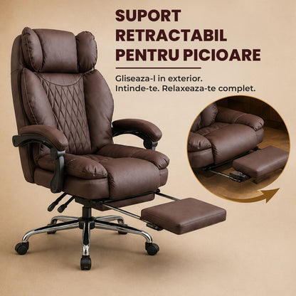 Scaun de Birou Elindor® Ergonomic, Design Contemporan, Scaun cu Spatar si Manere, din Piele PU cu Suport pentru Picioare si Lombar, cu Roti, Inaltime Reglabila 119 - 126.5 cm, Maro Inchis