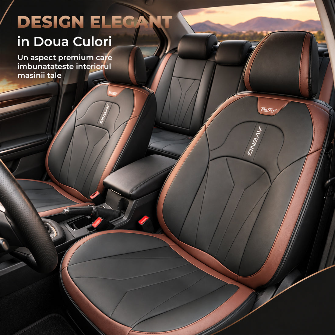 Set 5 Huse Scaune de Masina Elindor®, Huse Auto Piele, Impermeabile, Universale, Protectie Scaun Fata si Spate, Montaj Rapid, Accesorii Masina Interior, Negru / Maro