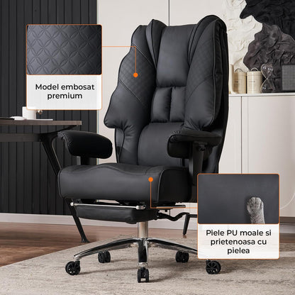 Scaun de Birou Elindor® Ergonomic, Design Contemporan, Scaun cu Spatar si Manere, din Piele PU cu Suport pentru Picioare si Roti, Latime Sezut 58 cm, Inaltime intre 48-56 cm, Negru