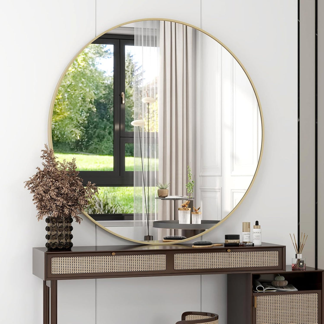 Oglinda Rotunda Aurie Elindor® Decorativa, Moderna si Eleganta, Reflexie HD, Sticla fara Distorsiuni, Ideala pentru Dormitor, Living, Birou, Dressing, Hol, Rama Metalica, Diametru 90 cm