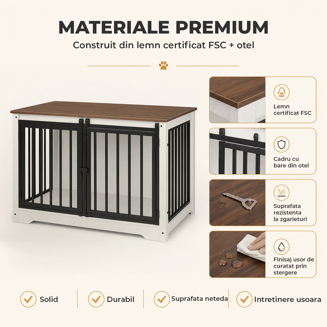 Cusca pentru Animale Elindor® Tip Mobila, Potrivita pentru Caini de Talie Medie, Utilizare in Interior, cu 2 Usi, o Usa Glisanta, Baza Solida, Marime L, 100 x 60 x 68 cm, Alb / Maro