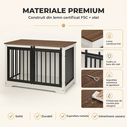 Cusca pentru Animale Elindor® Tip Mobila, Potrivita pentru Caini de Talie Medie, Utilizare in Interior, cu 2 Usi, o Usa Glisanta, Baza Solida, Marime L, 100 x 60 x 68 cm, Alb / Maro