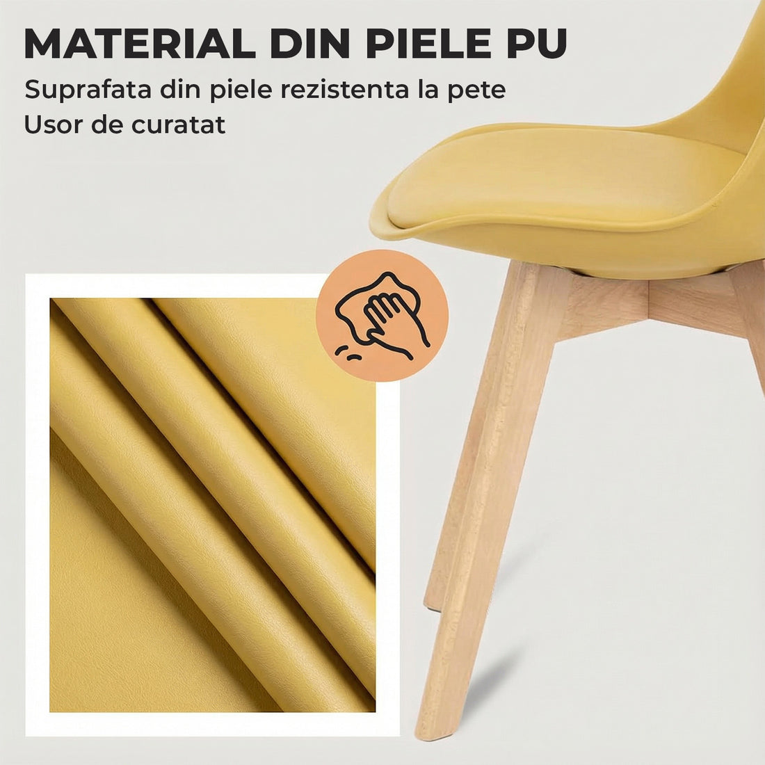 Set 4 Scaune Bucatarie Elindor® din Piele Ecologica, Picioare din Lemn, Scaun Confortabil, Perna Sezut, Elegant, pentru Bucatarie, Dormitor, Living, 50 x 45 x 81 cm, Galben