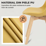 Set 4 Scaune Bucatarie Elindor® din Piele Ecologica, Picioare din Lemn, Scaun Confortabil, Perna Sezut, Elegant, pentru Bucatarie, Dormitor, Living, 50 x 45 x 81 cm, Galben