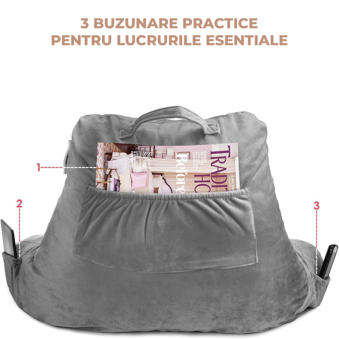 Perna Ortopedica de Citit Elindor® pentru Pat, Perna din Spuma Memorie, Suport Spate, Cap, Brate, Post-Operator, Anti-Reflux, Antisforait, Antirid, 65 × 46 × 28 cm, Gri