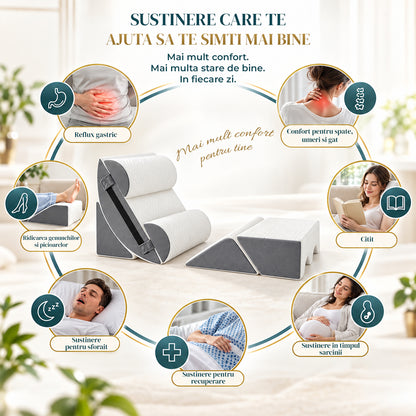 Set 6 Perne Ortopedice Elindor® Wedge pentru Pat, Perna Spuma cu Memorie, Hipoalergenica, Suport Spate, Picioare, Genunchi, Post-Operator, Anti-Reflux, Antisforait, Antirid, Pliabile, Huse Bumbac Aspect Catifea, Reglabile 60 cm, Alb/Gri