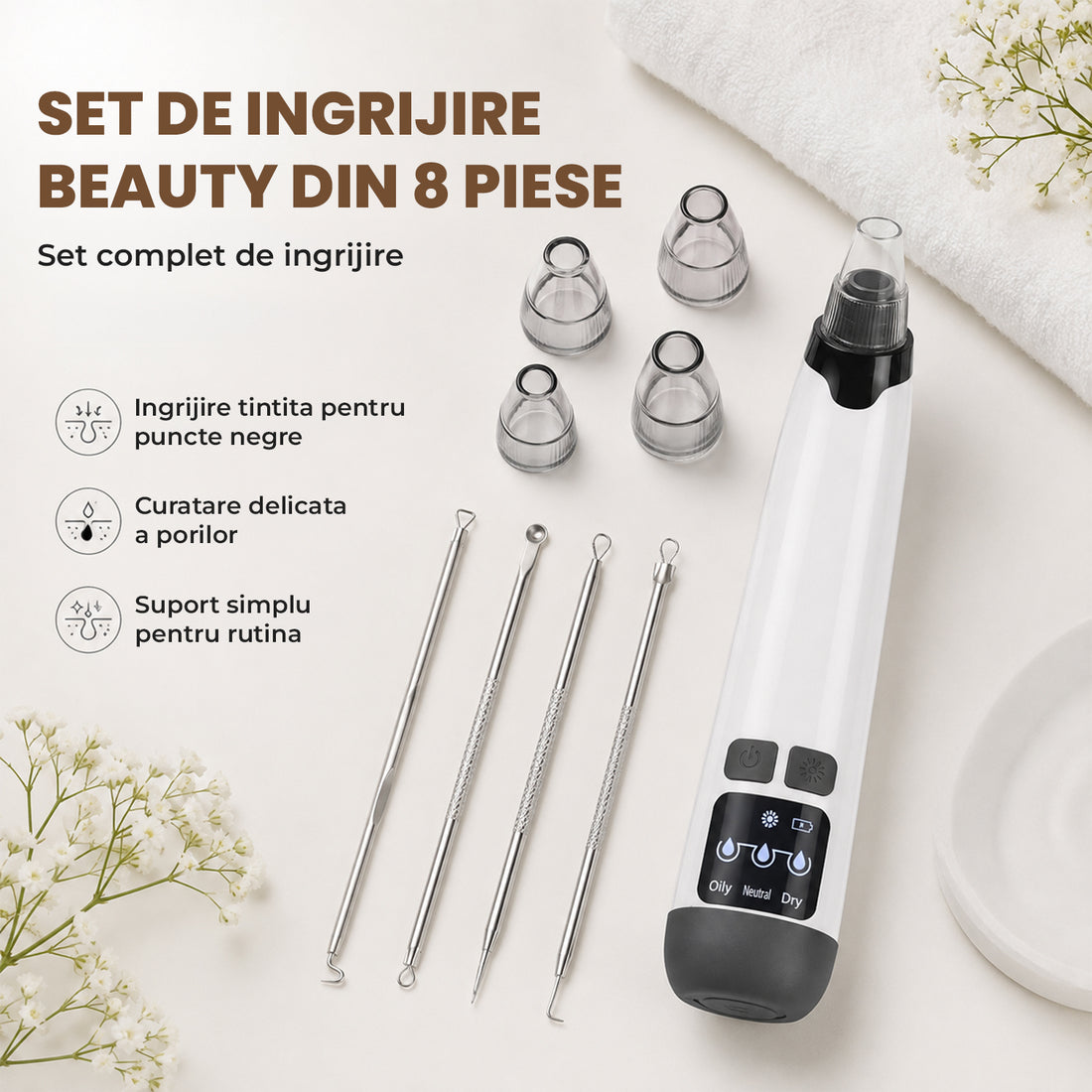 Aparat pentru Puncte Negre Elindor® Aspirator Reglabil, 4 Capete Incluse, 3 Trepte de Viteza, Ingrijirea Tenului, Alb