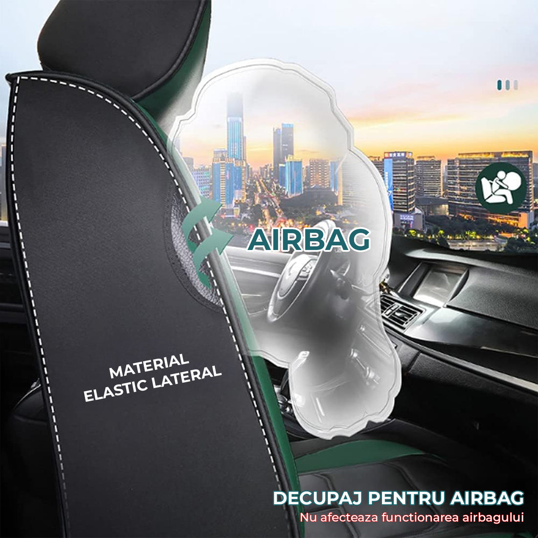 Set 5 Huse Scaune Auto Elindor® Universale, Husa pentru Protectie Sezut si Spatar Scaun Fata si Bancheta Spate, Impermeabila, Piele Ecologica, Accesorii Masina Huse Interior, Verde Inchis
