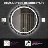 Oglinda de Perete Elindor® Rotunda, Antiaburire, cu Rama Neagra, Ideala pentru Baie, Iluminare Led, 3 Culori Lumina, Dimabila, Buton ON/OFF Luminat si Noaptea, Rezistenta la Umiditate IP44, 60 x 60 cm