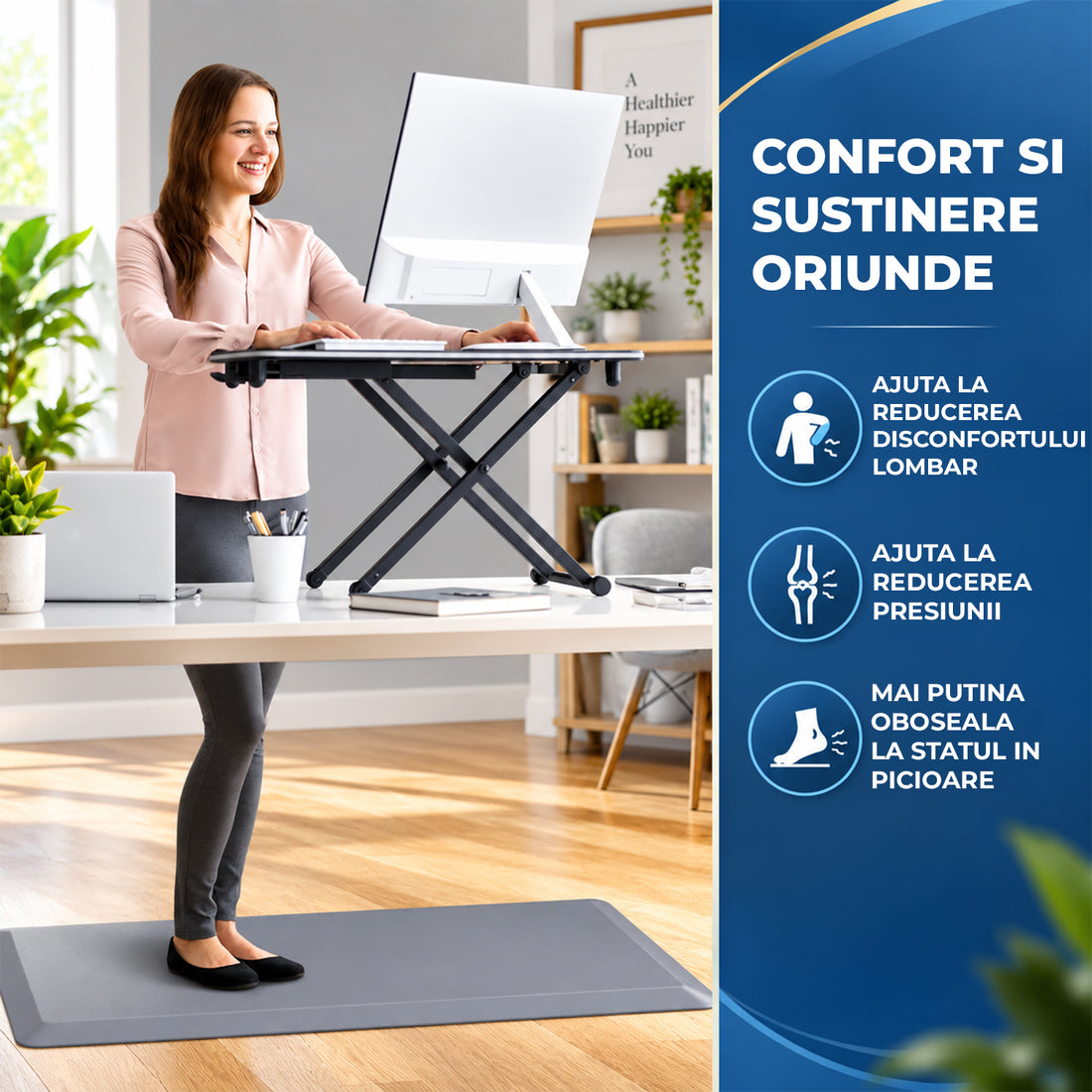Covor Bucatarie Elindor®, Anti-Oboseala, Spuma Moale, Baza Antiderapanta, Margini Inclinate, Usor de Curatat, pentru Bucatarie si Birou, 120 x 44 cm, Grosime 12 mm, Gri