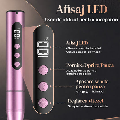 Freza Portabila Unghii Elindor® 35000 RPM, Pila Electrica Profesionala, Manichiura si Pedichiura, fara Fir, Afisaj LED, Ecran LCD, Accesorii Incluse, 5 Trepte de Viteza, 12 Capete de Frezare, Slefuire Cuticule, Acumulator 550 mAh, Roz