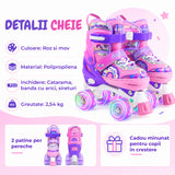 Role Reglabile Elindor® pentru Copii si Adulti, 4 Roti Luminoase din Silicon Quad, Rulmenti ABEC-7, Frana Fata, Aluminiu / Poliuretan, Patine cu Rotile pentru Fete, Baieti, Dama, Marimea M, 32-35, Mov / Roz