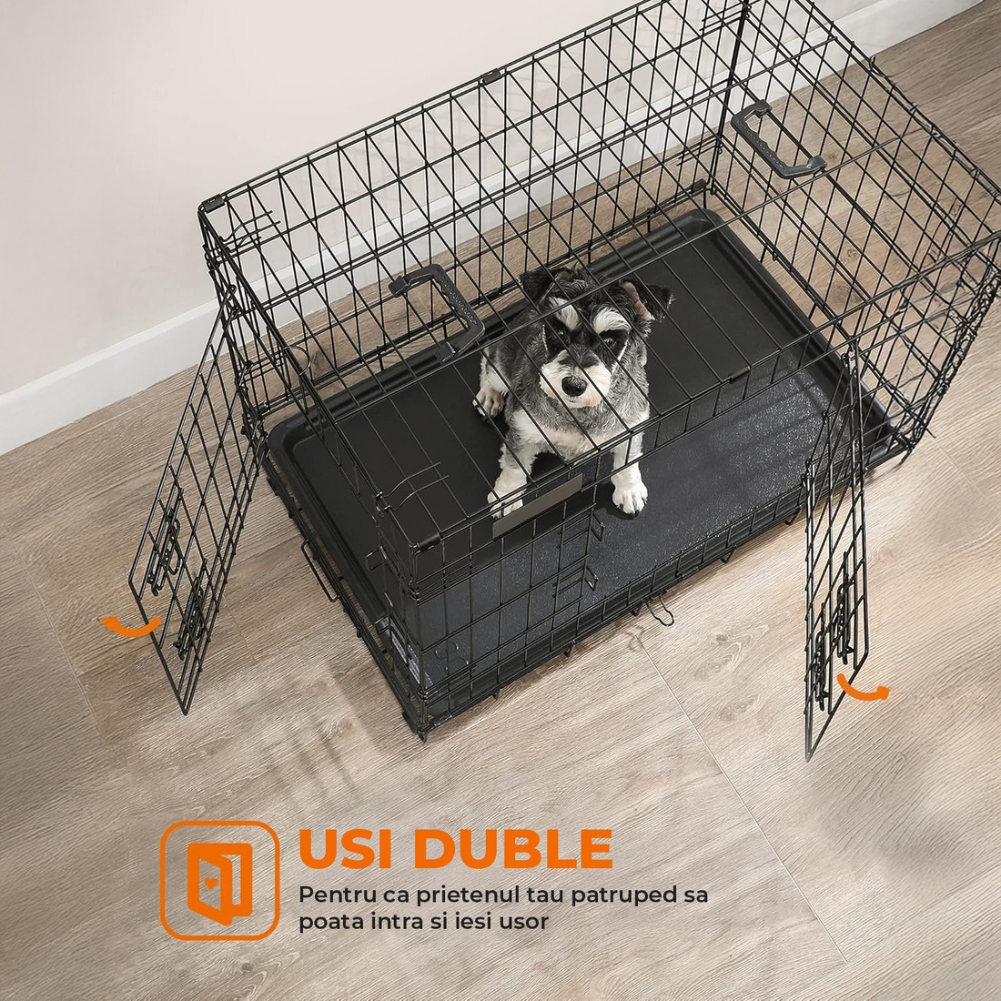 Cusca pentru Animale Elindor® Pliabila, Potrivita pentru Caini de Talie Mica, Medie de 7.5 Kg, Utilizare in Interior si Exterior sau Calatorii, cu 2 Usi, Baza din Plastic Detasabila, 2 Manere pentru Transport, Marime M, 61.5 × 43.5 × 50.5