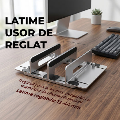 Suport Vertical Elindor® pentru Laptop, Tableta, Notebook si Carti, cu 3 Sloturi, Reglabil, Stand Universal, Compatibil Pana la 17.3 Inch, Ideal pentru Birou, Acasa, 14.5 x 14.2 x 4.6 cm, Argintiu