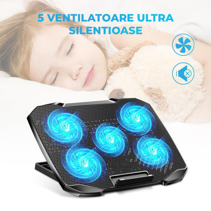 Cooler Laptop Gaming RGB Elindor® Suport cu Unghi Reglabil pe 5 Nivele, Viteza Ajustabila, Dimensiuni Compatabile 12-15.6 Inch, 5 Ventilatoare Puternice si Silentioase, 2 Porturi USB, Suport Telefon, pentru Birou, Calatorii, 36 × 25.5 × 2.7 cm, Negru