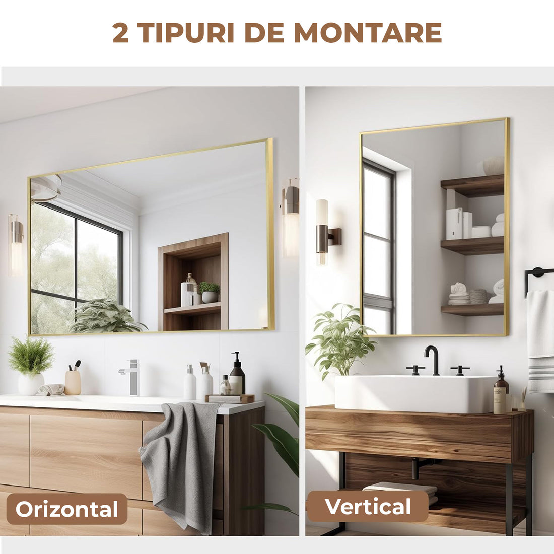 Oglinda Decorativa Elindor® Agatare pe Perete sau Sprijinita, Aurie, Dreptunghiulara, Moderna si Eleganta, Reflexie HD, Sticla fara Distorsiuni, Ideala pentru Dormitor, Living, Birou, Dressing, Hol, Baie, Rama Metalica, 90 x 60 cm