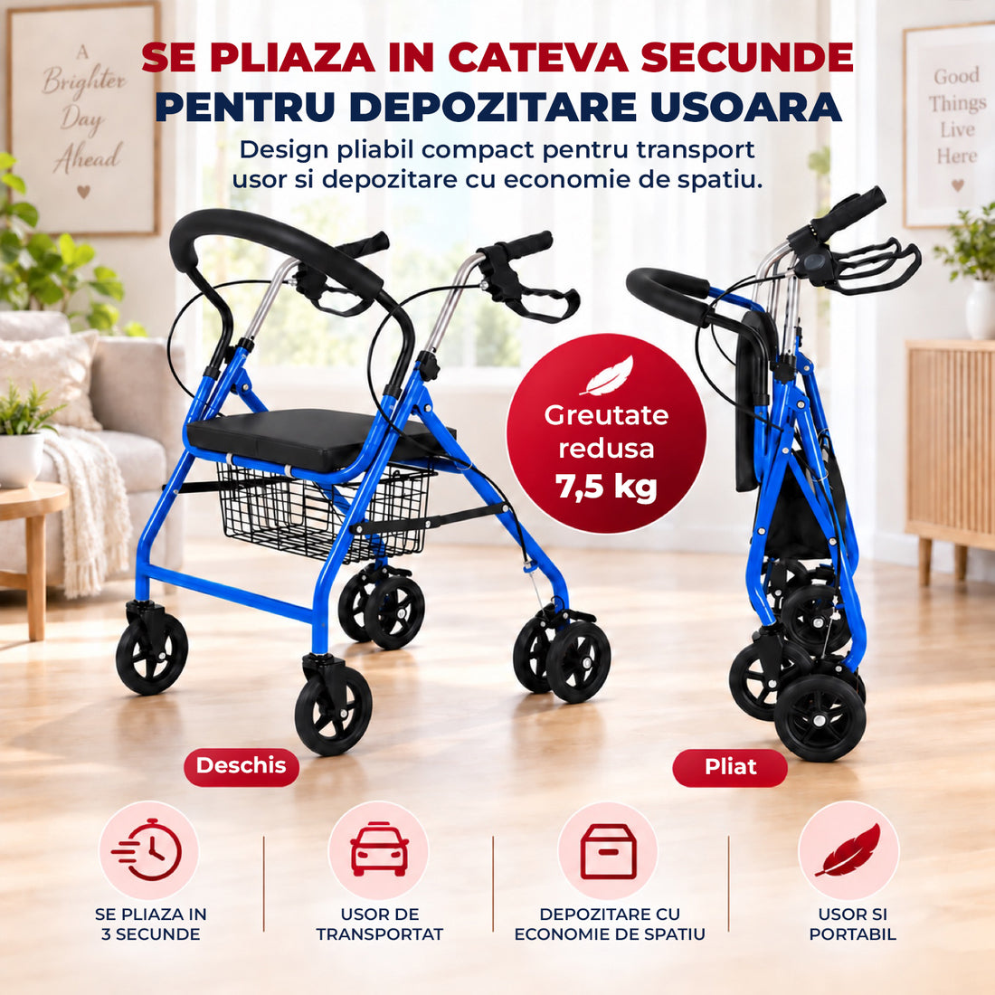 Cadru de Mers Elindor®, Pliabil, cu 4 Roti, Sezut Captusit, Spatar, Frane de Mana cu Blocare, Manere Reglabile pe 4 Niveluri, Cos Depozitare, pentru Persoanele cu Dificultati Locomotorii sau in Etate, Sarcina 120 kg, Albastru
