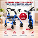 Cadru de Mers Elindor®, Pliabil, cu 4 Roti, Sezut Captusit, Spatar, Frane de Mana cu Blocare, Manere Reglabile pe 4 Niveluri, Cos Depozitare, pentru Persoanele cu Dificultati Locomotorii sau in Etate, Sarcina 120 kg, Albastru