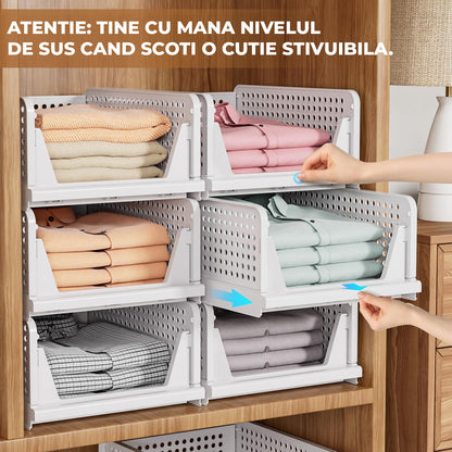 Set 8 Organizatoare Dulap Elindor®, Cutii Depozitare Stivuibile si Pliabile, Organizator pentru Dormitor, Cutie Organizare, Cos Multifunctional, Separator Haine, Paturi, Perne, Pilote, Jucarii, 42.5 × 33.3 × 8.5 cm, Alb