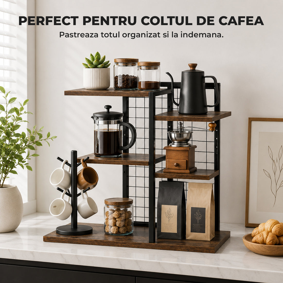 Raft Elindor® pe 3 Nivele, Rafturi Suprapus pentru Bucatarie, Organizator Ideal ca Etajera Depozitare in Camara sau Birou, Perfect pentru Condimente, Vesela, Farfurii, Stabil si Compact, Polita pentru Obiecte, 40 × 19.2 × 40 cm, Maro Rustic