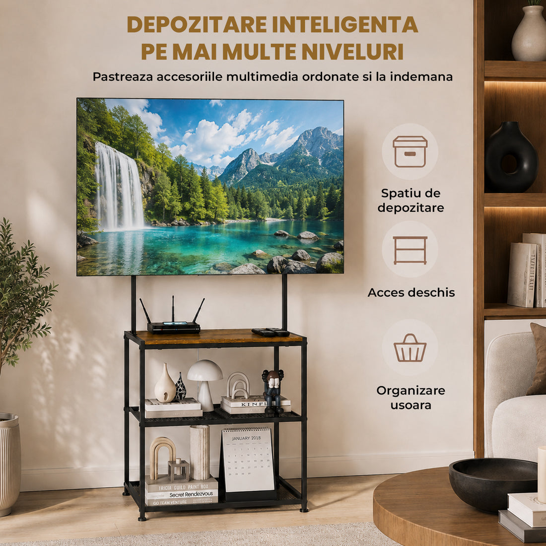 Suport TV Premium Elindor®, Stand cu Montaj pentru Televizoare 23-50 inch, Raft 3 Polite de Depozitare, Latime si Picioare Reglabile, din Cadru Metalic si Lemn, pentru Living si Dormitor, 43.2 x 33.4 x 17.7 cm, Maro Rustic