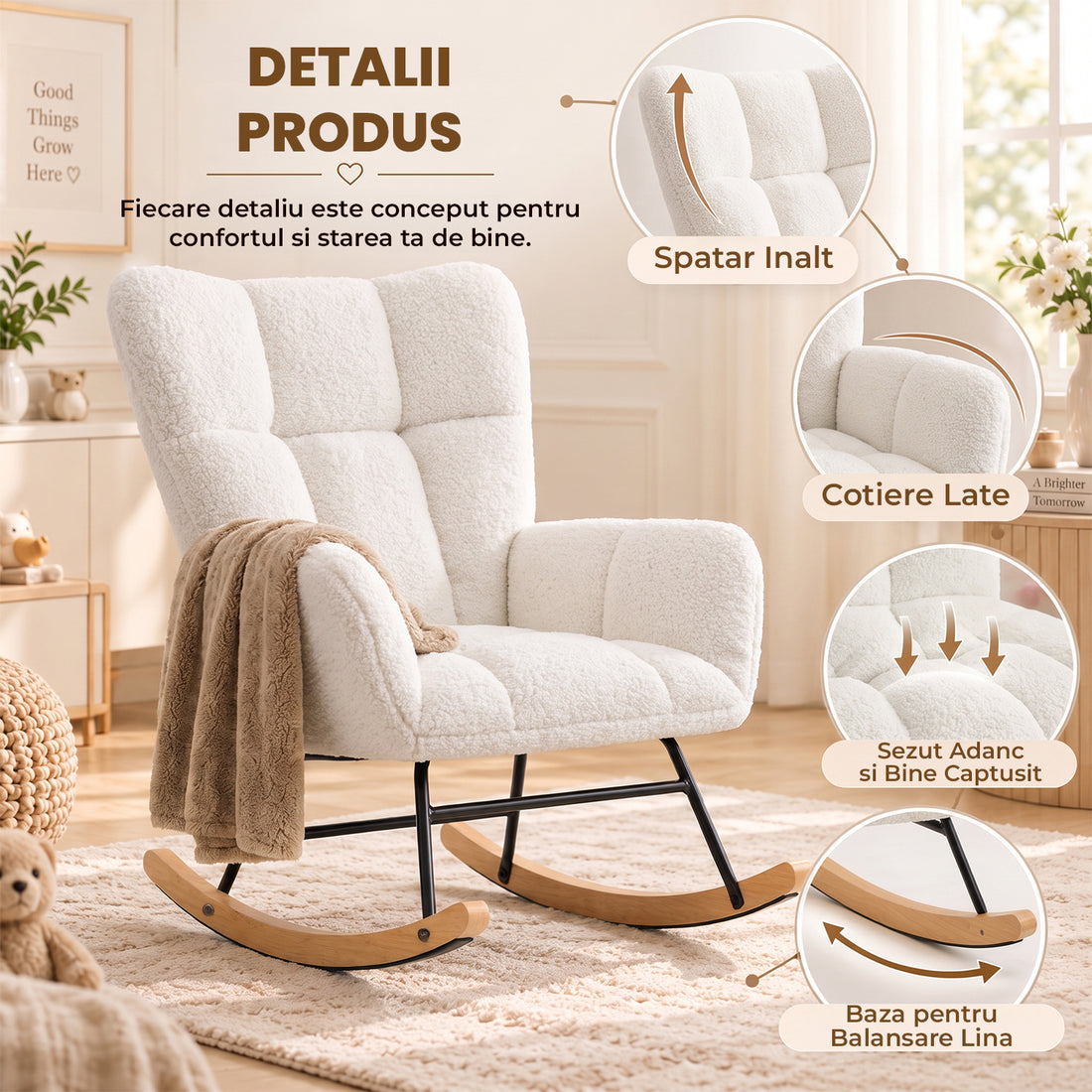 Fotoliu Balansoar Elindor® cu Spatar, Ergonomic, Cadru Solid din Otel, Ideal pentru Living, Dormitor, Camera Copilului, 68 x 88 x 93 cm, Alb