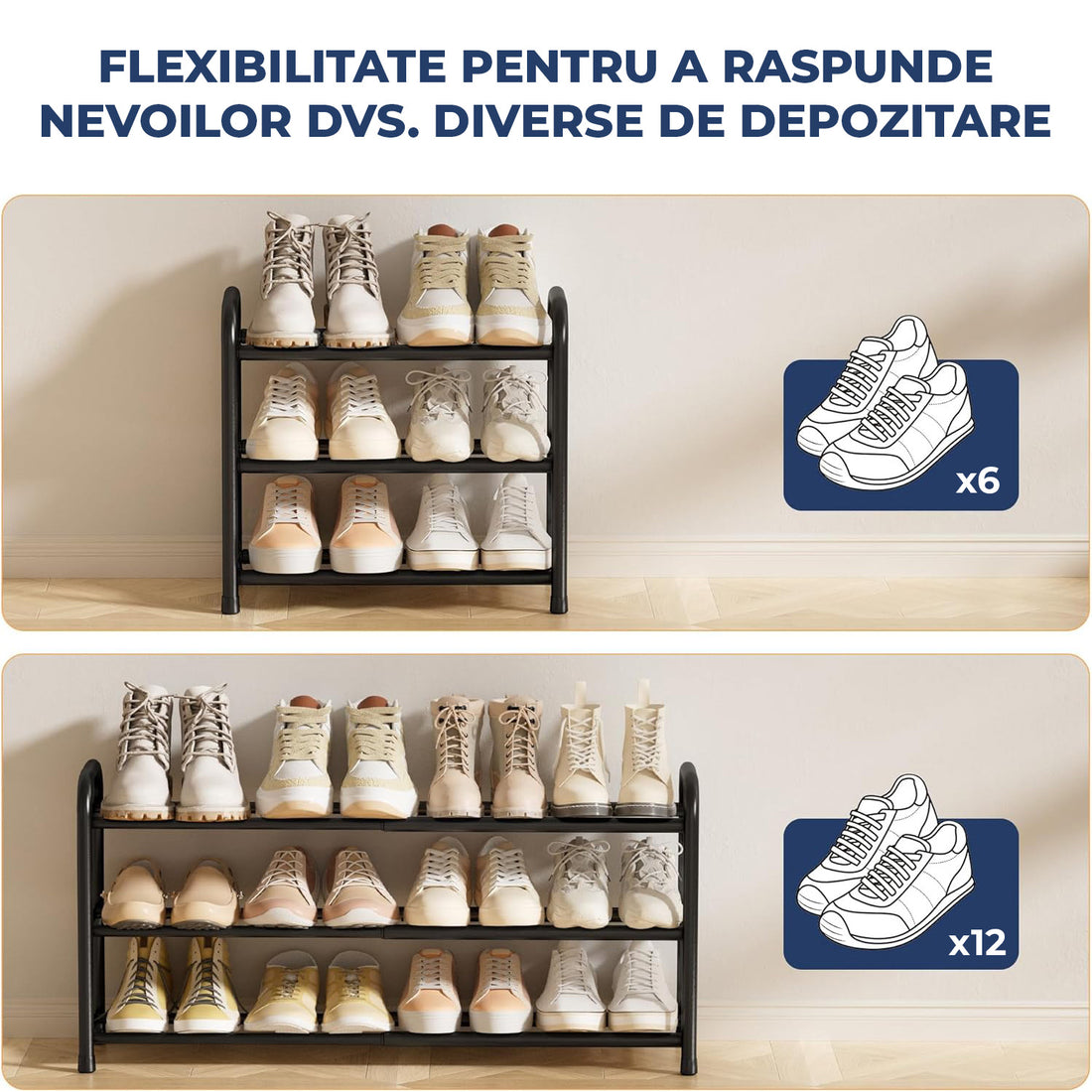 Organizator Extensibil pentru Pantofi Elindor® Pantofar cu 3 Nivele Mari, Fara Gauri, Suport Metalic pentru Papuci, Dulap Hol, Dormitor, Economisire Spatiu, Depozitare Incaltaminte, 45–83 × 22.6 × 43.3 cm, Negru