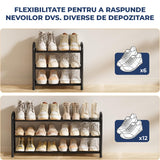 Organizator Extensibil pentru Pantofi Elindor® Pantofar cu 3 Nivele Mari, Fara Gauri, Suport Metalic pentru Papuci, Dulap Hol, Dormitor, Economisire Spatiu, Depozitare Incaltaminte, 45–83 × 22.6 × 43.3 cm, Negru