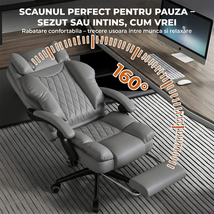 Scaun de Birou Elindor® Ergonomic, Design Contemporan, Scaun cu Spatar si Manere, din Piele PU cu Suport pentru Picioare si Roti, Latime Sezut 58 cm, Inaltime intre 110-118 cm, Gri