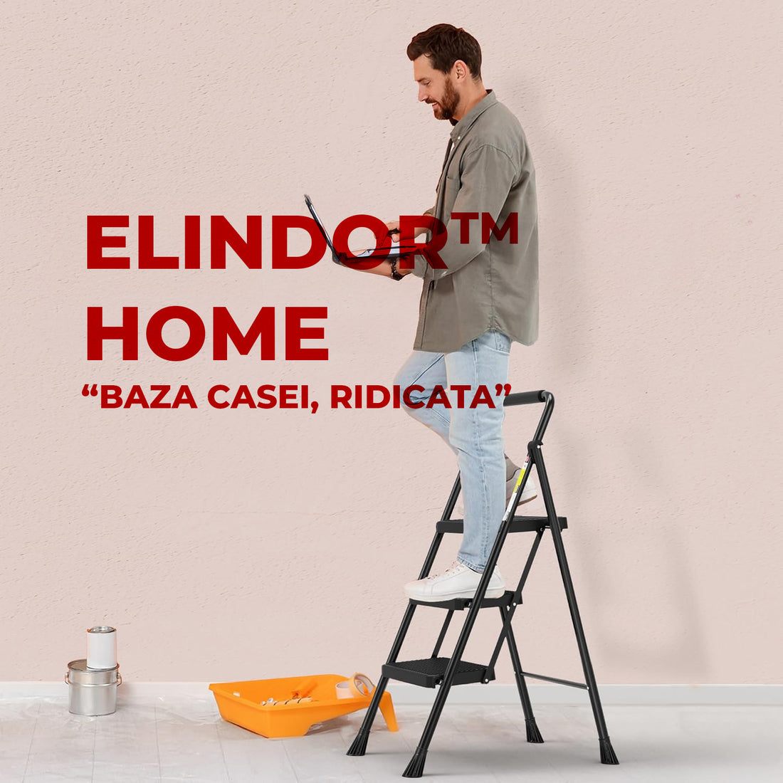 Scara Pliabila Metalica Elindor® cu 3 Trepte, Portabila, cu Pedale si Maner Antiderapante, Ideala pentru Interior sau Exterior, pentru Uz Casnic, Usor de Depozitate, 51 × 68 × 104 cm, Negru