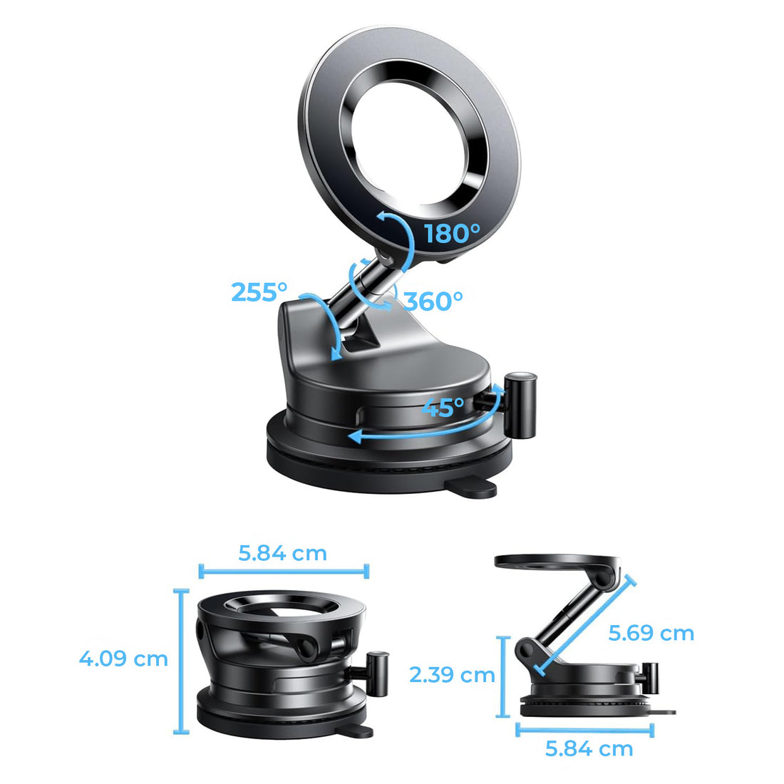 Suport Auto Telefon Elindor® cu Ventuza pentru Parbriz, Bord sau Oglinda, Magsafe, Compatibil 5.4-7.9 inch, pentru Iphone, Ajustabil 360°, Flexibil, Pliabil, Orizontal / Vertical, Accesorii Masina, 4 x 5.8 cm, Negru