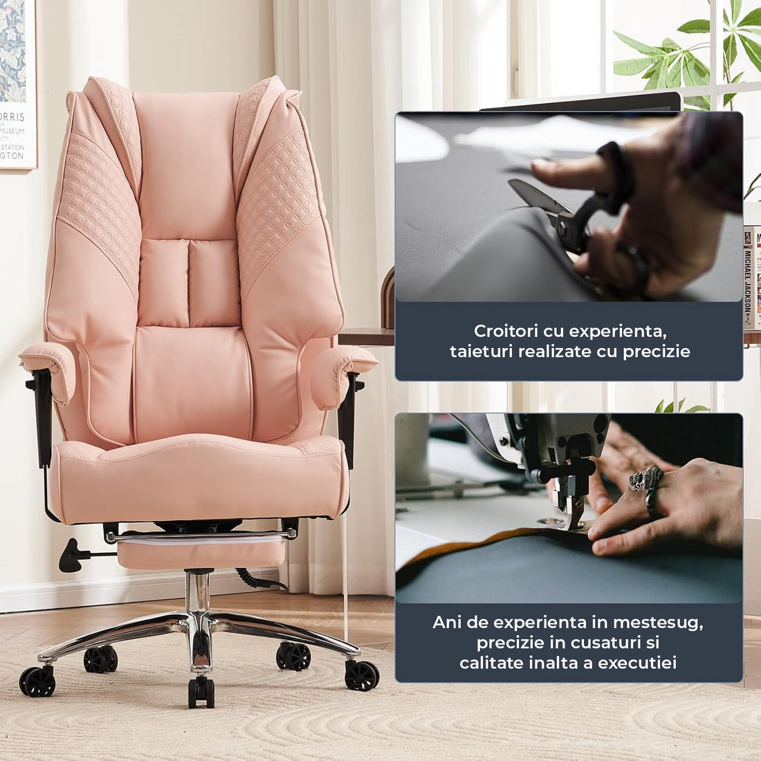 Scaun de Birou Elindor® Ergonomic, Design Contemporan, Scaun cu Spatar si Manere, din Piele PU cu Suport pentru Picioare si Roti, Latime Sezut 58 cm, Inaltime intre 48-56 cm, Roz