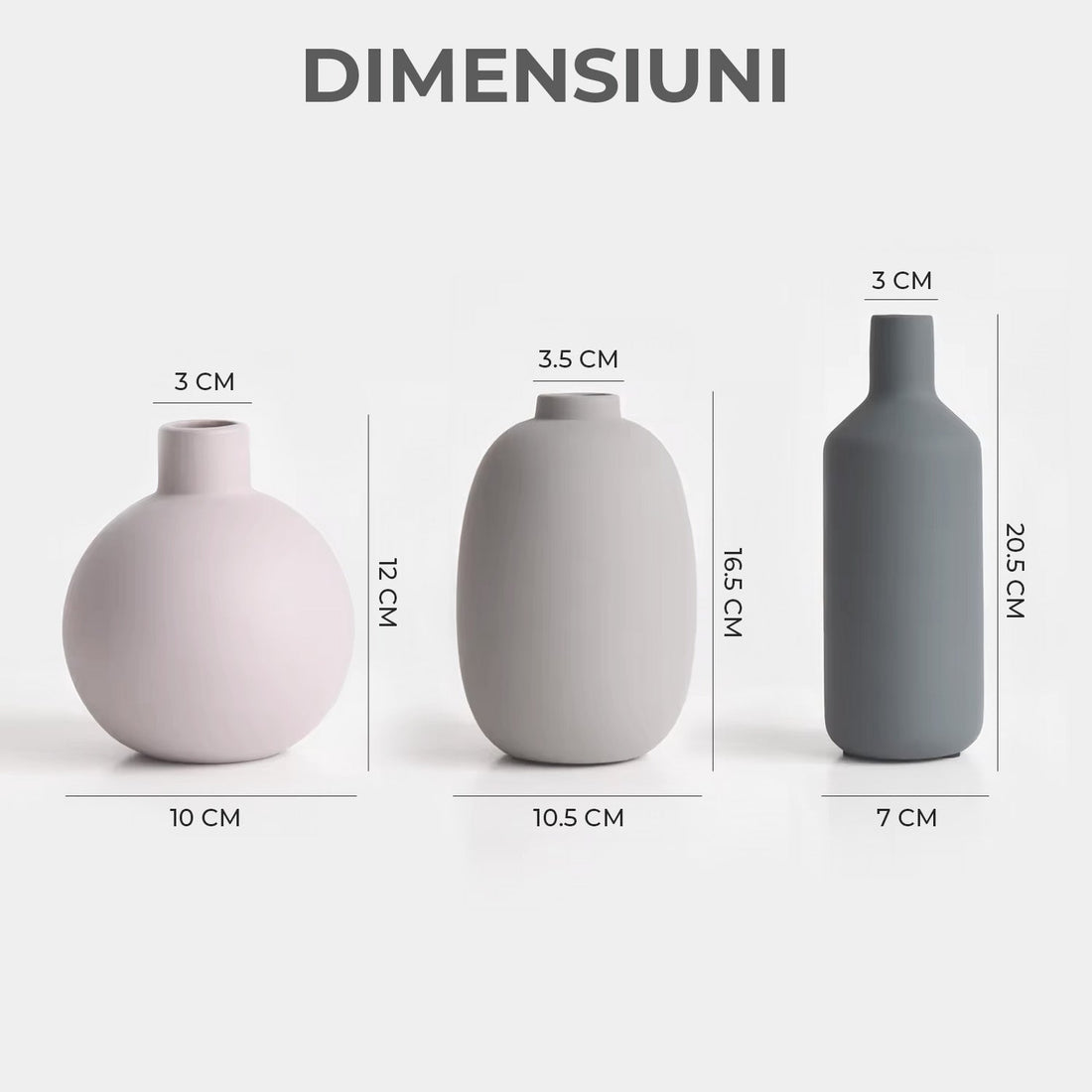 Set 3 Vaze Ceramica Elindor® Cu Design Modern in Nuante Morandi, Decor Elegant Pentru Masa, Biblioteca, Etajera sau Hol, Gri