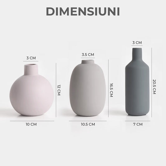 Set 3 Vaze Ceramica Elindor® Cu Design Modern in Nuante Morandi, Decor Elegant Pentru Masa, Biblioteca, Etajera sau Hol, Gri