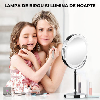 Oglinda Cosmetica Elindor® LED, Marire 10X, 3 Culori de Lumina, Baterie 2000mAh, Diametru 20 cm, Argintiu
