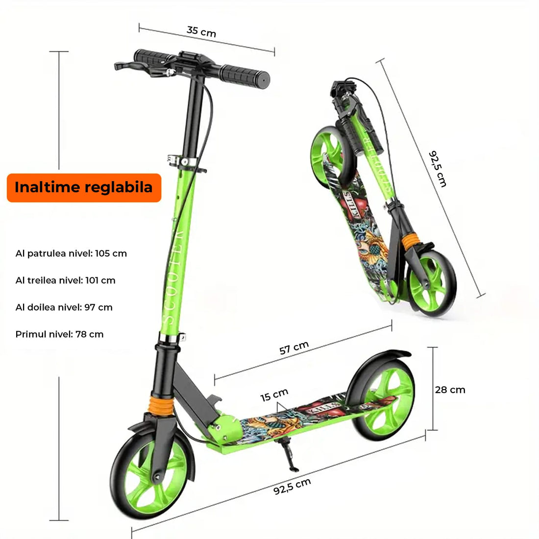 Trotiinetă Pliabilă cu Amortizor Elindor®, Frână Spate și Platformă Antiderapantă, Verde