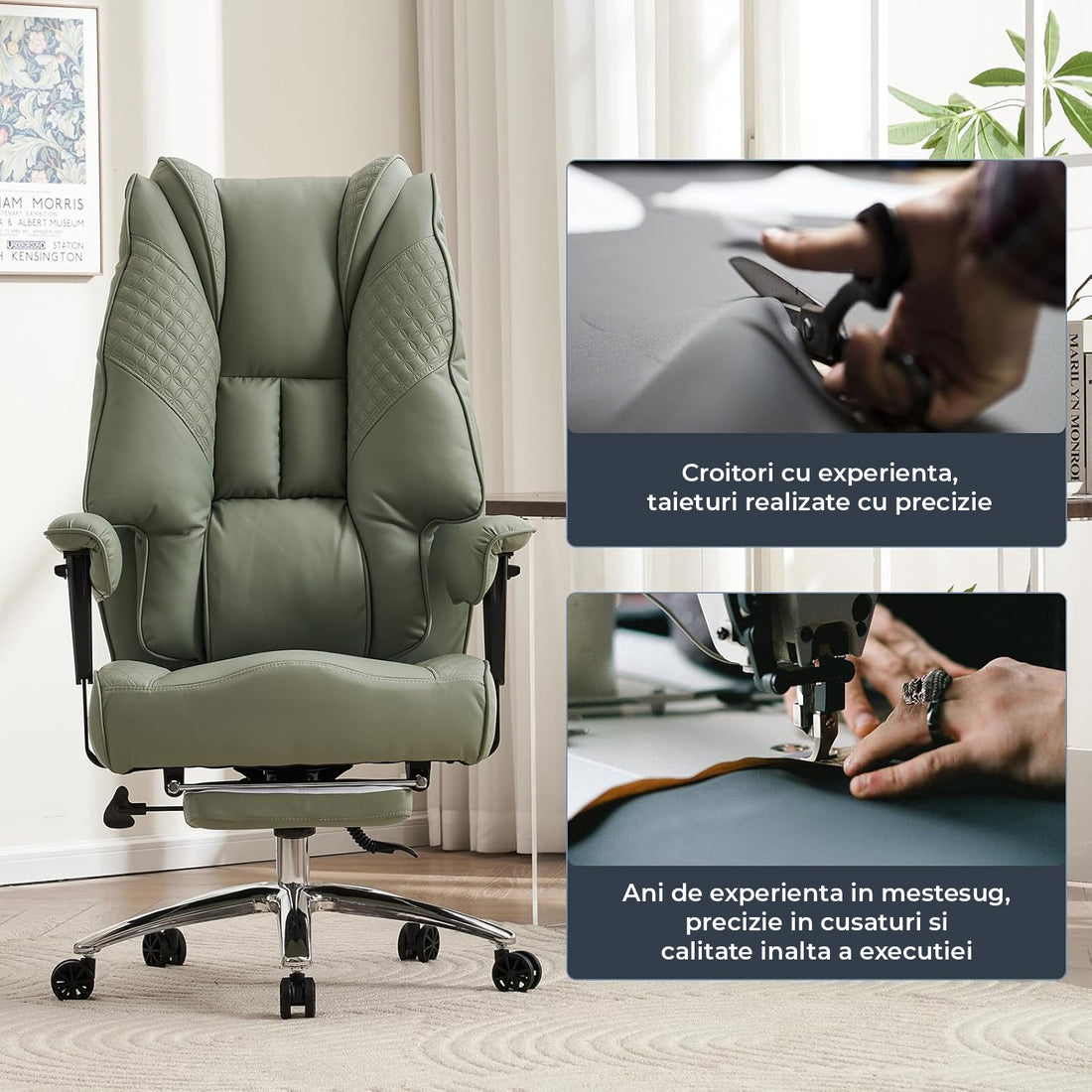 Scaun de Birou Elindor® Ergonomic, Design Contemporan, Scaun cu Spatar si Manere, din Piele PU cu Suport pentru Picioare si Roti, Latime Sezut 58 cm, Inaltime intre 48-56 cm, Verde