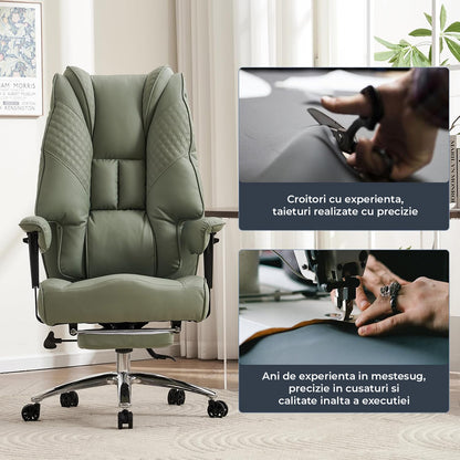 Scaun de Birou Elindor® Ergonomic, Design Contemporan, Scaun cu Spatar si Manere, din Piele PU cu Suport pentru Picioare si Roti, Latime Sezut 58 cm, Inaltime intre 48-56 cm, Verde