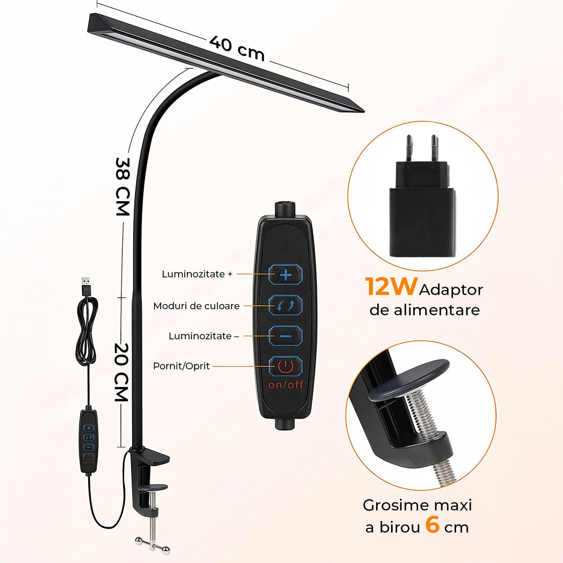 Lampa de Birou Elindor® Ultra-Wide, Neagra cu LED, Nivel de Luminozitate Reglabil de la 2700K pana la 6500K, Veioza cu Clema Metalica si Brat Reglabil, Protectie pentru Ochi, Inaltime Totala 66 cm, Latime 40 cm