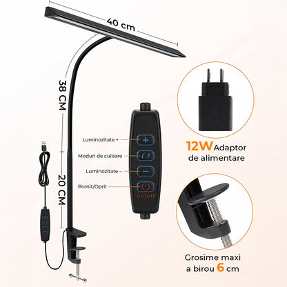 Lampa de Birou Elindor® Ultra-Wide, Neagra cu LED, Nivel de Luminozitate Reglabil de la 2700K pana la 6500K, Veioza cu Clema Metalica si Brat Reglabil, Protectie pentru Ochi, Inaltime Totala 66 cm, Latime 40 cm
