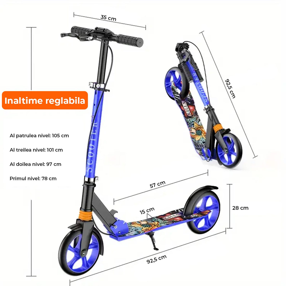 Trotinetă Pliabilă cu Amortizor Elindor®, Frână Spate și Platformă Antiderapantă, Albastră