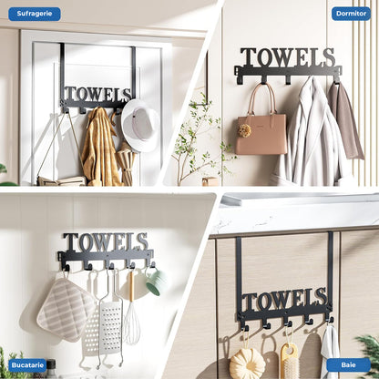 Suport Prosop Elindor® Polita cu Sistem de Agatare sau Prindere pe Perete, cu 5 Carlige, pentru Dus, Organizare in Bucatarie sau Organizator Baie, Accesorii, 38 x 26.3 x 4.5 cm, Negru